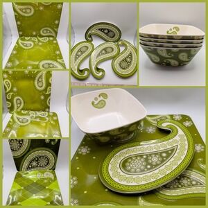 MCM Dinnerware Set Retro Green Paisley Print Funky Appetizer Plates Bowls Groovy